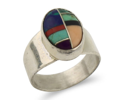 Zuni Inlaid Ring 925 Silver Mixed Natural Gemstones Native American Artist C.80s