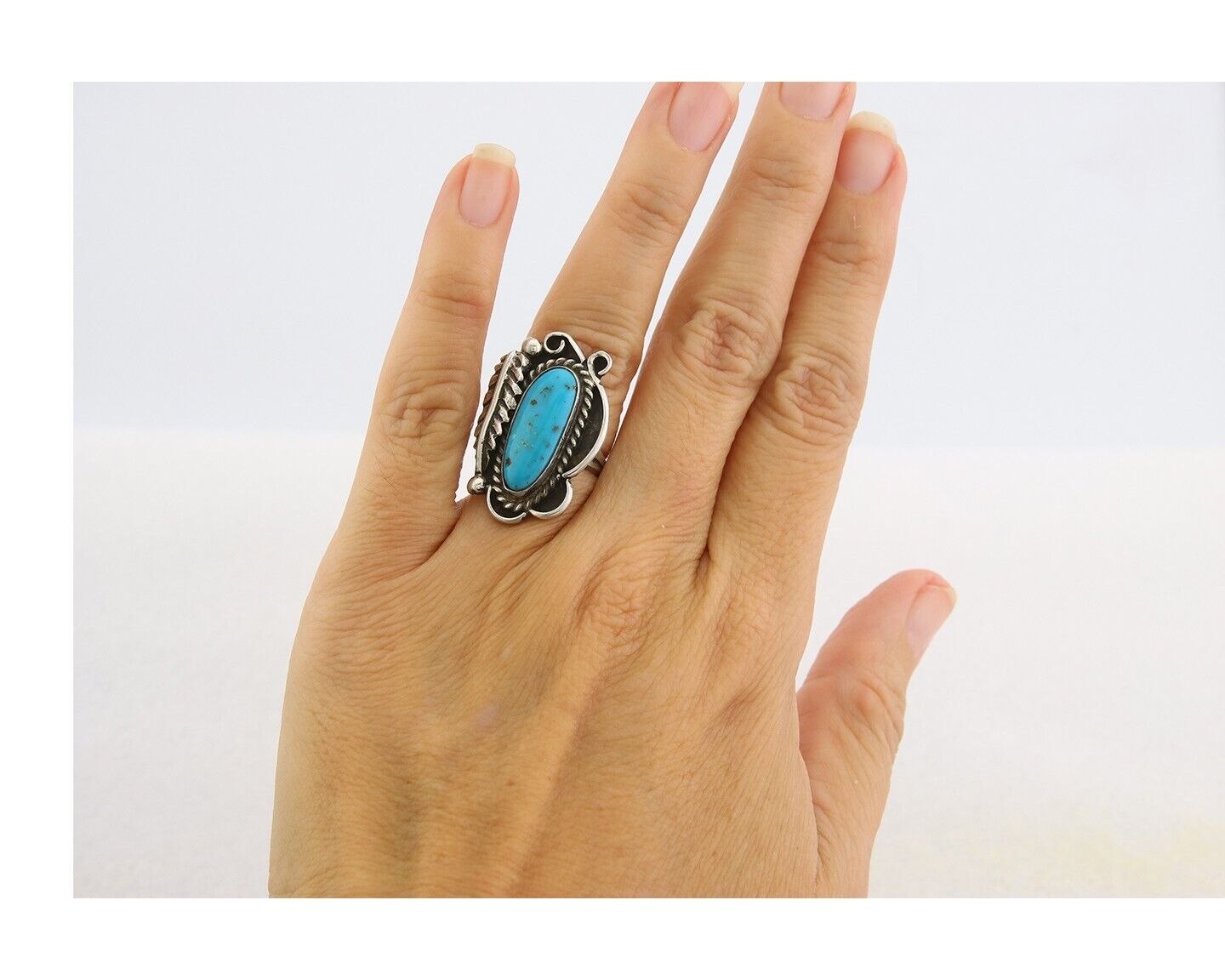 Navajo Ring 925 Sterling Natural Blue Turquoise Native Artist C.80's Size 4.5