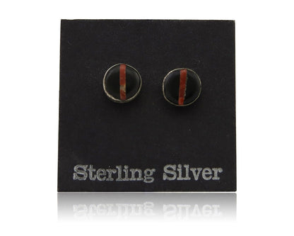Navajo Earrings 925 Silver Inlaid Natural Onyx & Coral Native Artist C.80's