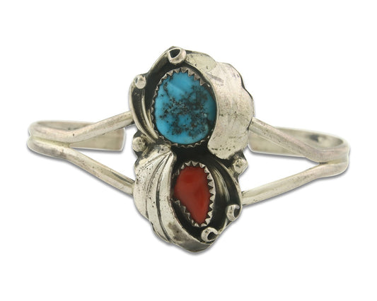 Vintage Navajo Bracelet 925 Silver Red Coral Turquoise Signed SC