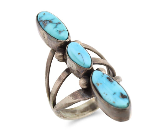 Navajo 3 Stone Ring 925 Silver Blue Turquoise Native American Artist C.80's