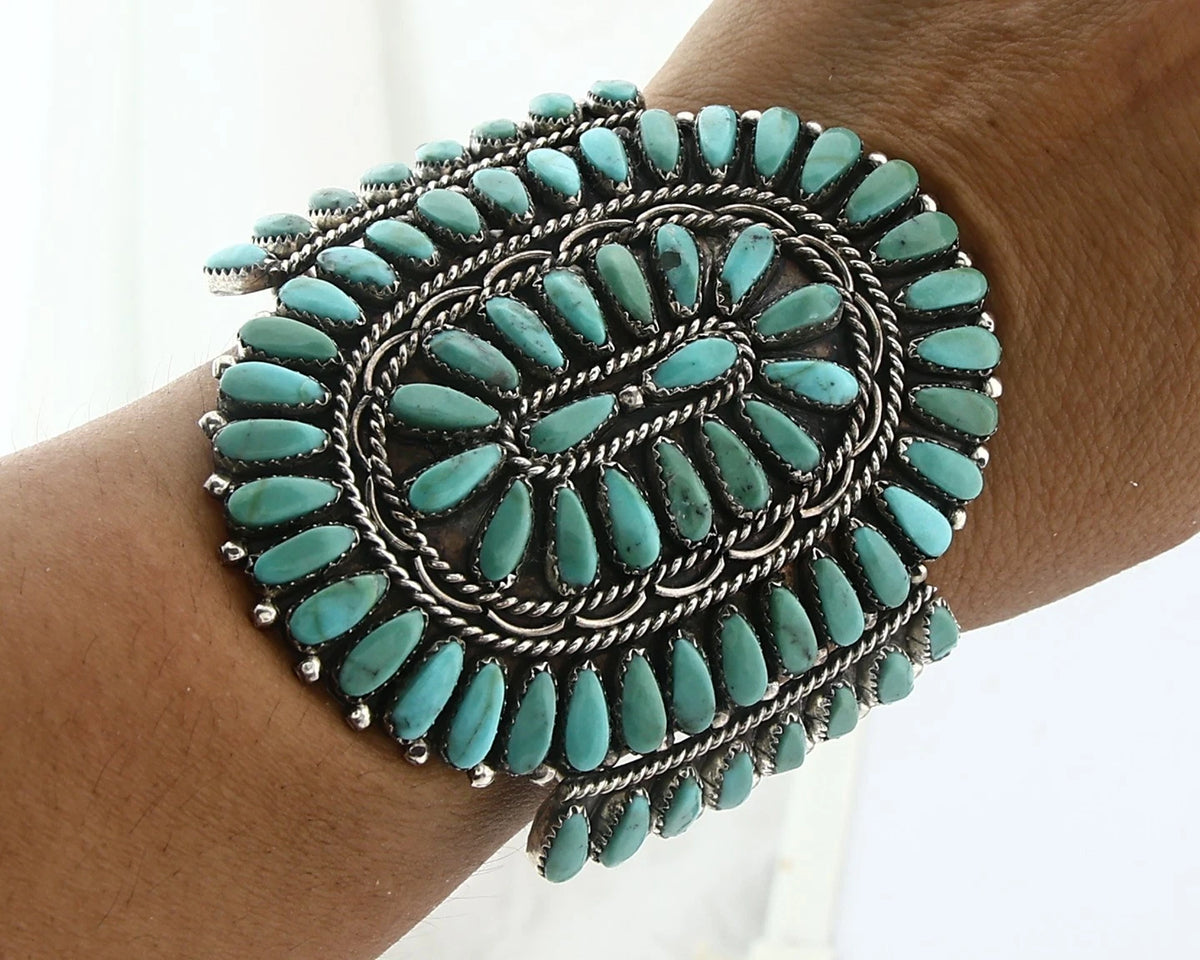 Navajo Cuff Bracelet Sterling Silver Kingman Vintage Turquoise Signed LH C.80's