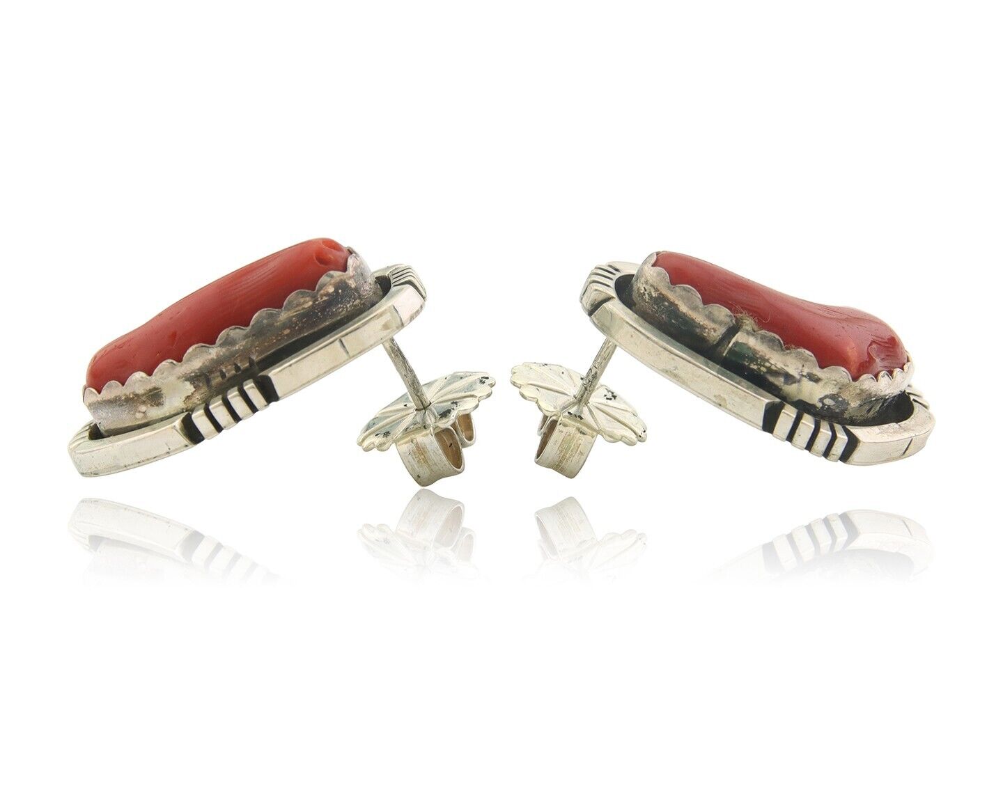 Navajo Earrings 925 Silver Natural Coral Artist Signed Charles Johnson C.80's