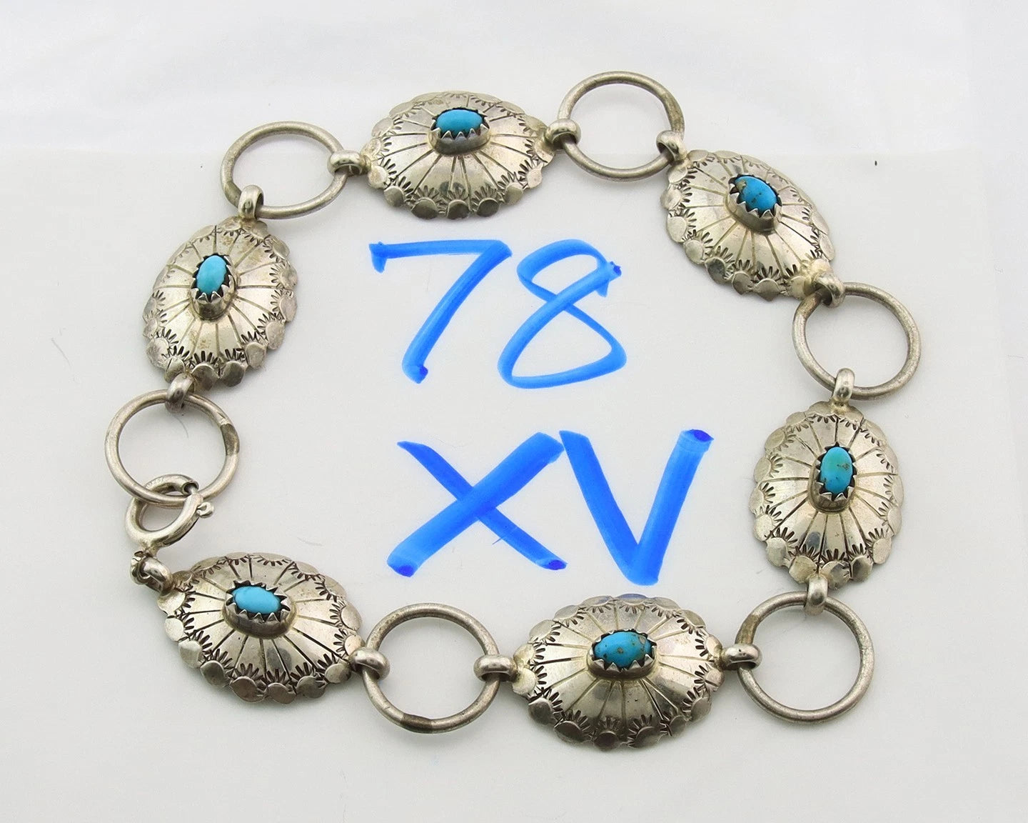 Navajo Concho Bracelet Sterling Silver Turquoise Hand Stamped Signed A.J.