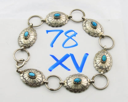 Navajo Concho Bracelet Sterling Silver Turquoise Hand Stamped Signed A.J.