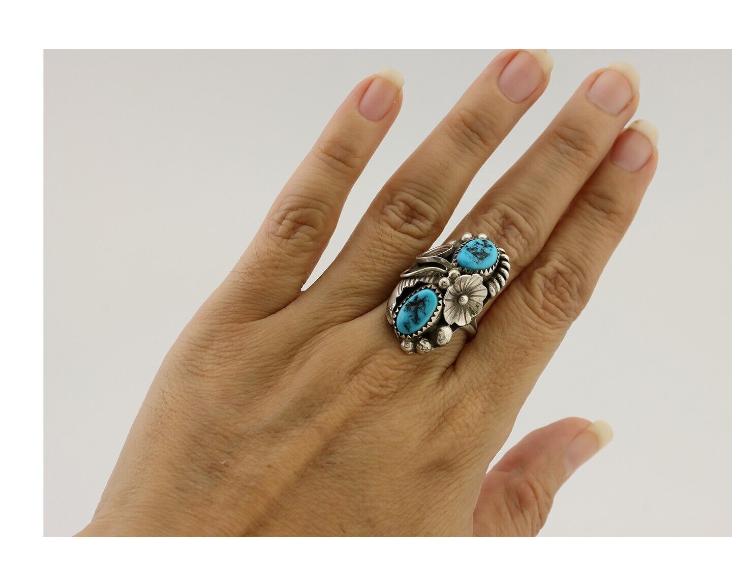 Navajo Ring 925 Silver Sleeping Beauty Turquoise Signed Max Calabaza C.80's