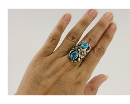 Navajo Ring 925 Silver Sleeping Beauty Turquoise Signed Max Calabaza C.80's