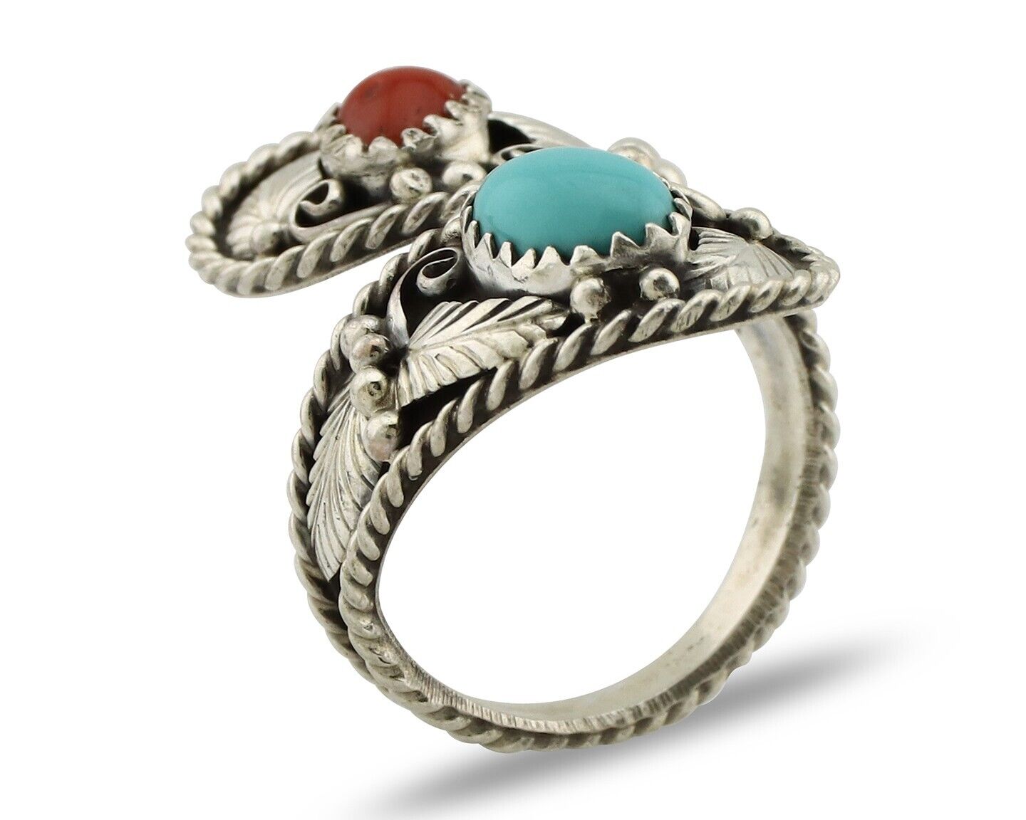 Navajo Adjustable Ring 925 Silver Turquiose & Coral Native Artist C.80's