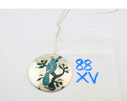 Navajo Blue Jay Necklace Sterling Silver Natural Green Gemstones Signed JS