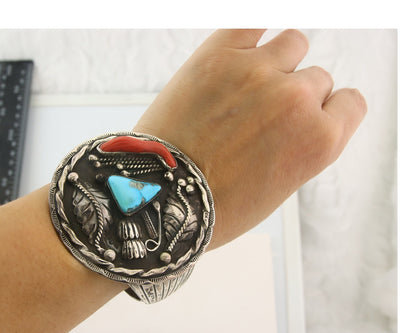 Navajo Bracelet 925 Silver Coral & Turquoise Native American Artist C.80's