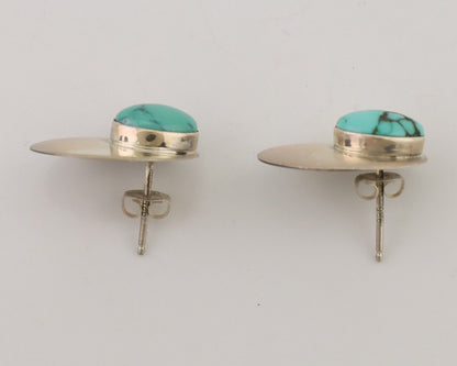 Navajo Shield Earrings 925 Silver Natural Malachite Signed Ella Peters C.80's