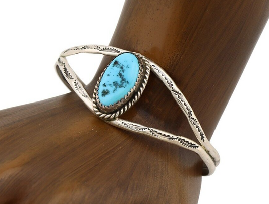 Navajo Bracelet 925 Silver Sleeping Beauty Turquoise Native American Artist C80s