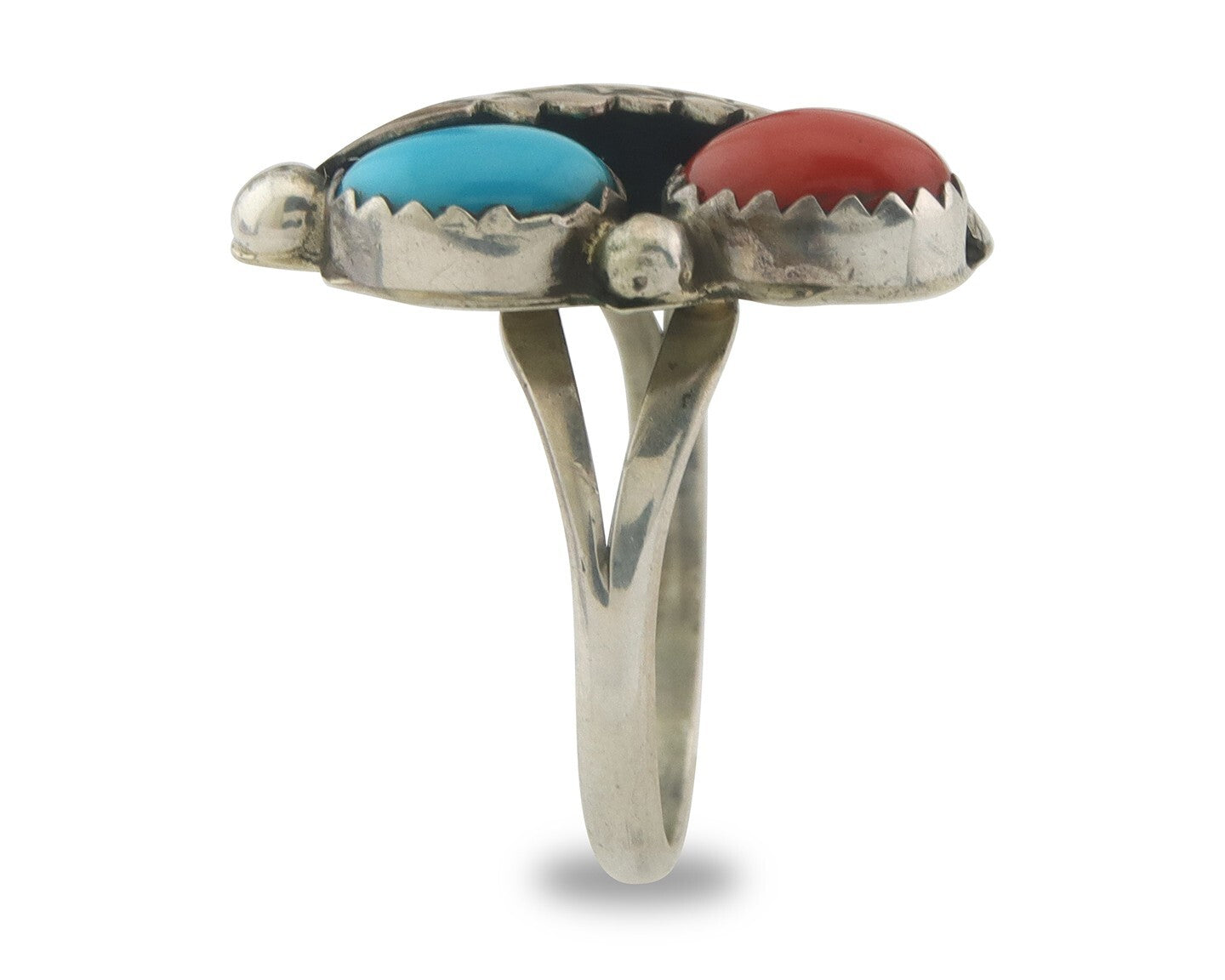 Navajo Ring 925 Sterling Natural Coral & Turquoise Signed BB C.80's Size 7.0
