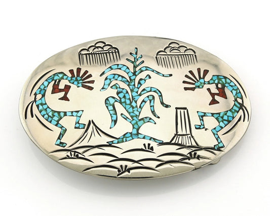 Navajo Corn Kokopelli Belt Buckle .999 Nickel Vintage Signed SD
