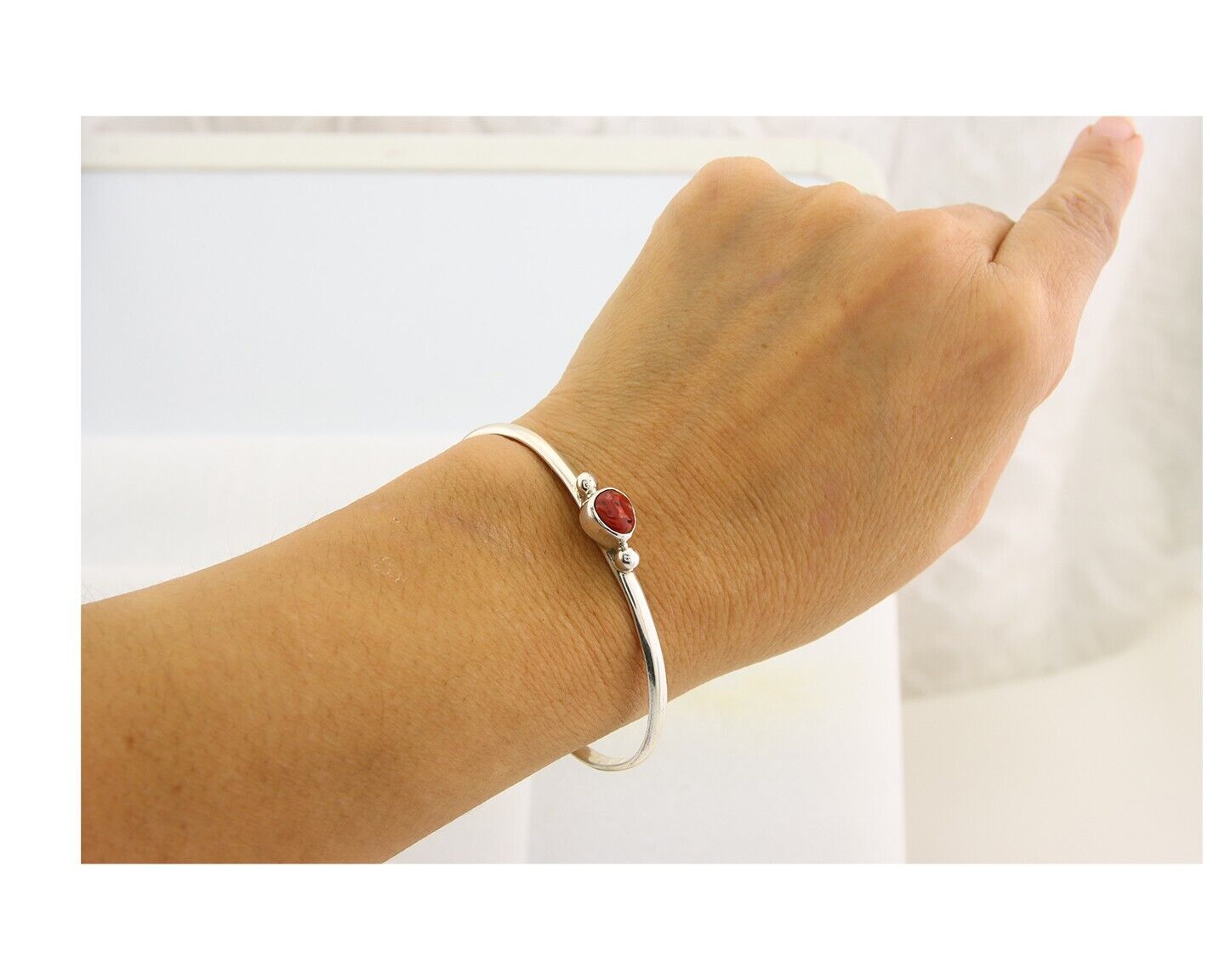 Navajo Bracelet .925 Silver Mediterranean Red Coral Cuff Native Artist C.80's