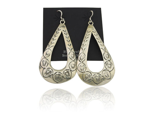 Navajo Dangle Earrings 925 Silver Hand Stamped Native American Artist C.80's