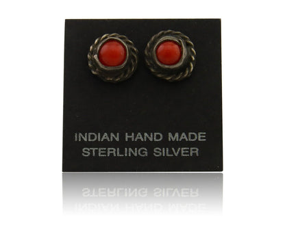 Navajo Earrings 925 Silver Natural Red Coral Native American Artist C.80's