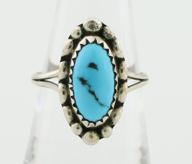 Navajo Ring 925 Silver Sleeping Beauty Turquoise Artist Signed SC C.80's