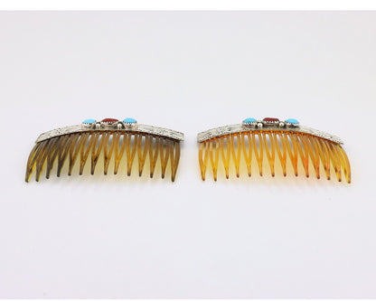 Navajo Hair Comb 925 Silver Sleeping Beauty Turquoise & Coral Native Artist C80s