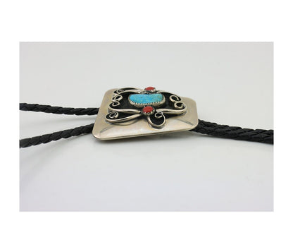 Navajo Bolo Tie .999 Nickel Coral & Turquoise Handmade Native Artist C.80's
