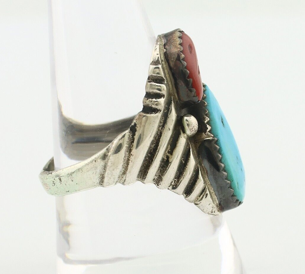 Navajo Ring 925 Silver Sleeping Beauty Turquoise & Coral Native Artist C.80s