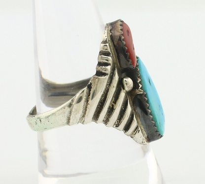 Navajo Ring 925 Silver Sleeping Beauty Turquoise & Coral Native Artist C.80s