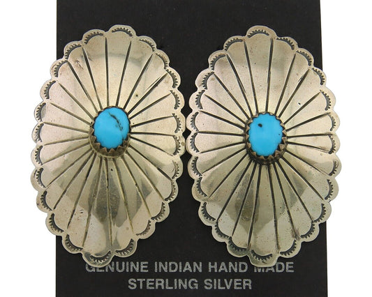 Navajo Earrings 925 Silver Natural Turquoise Artist Signed Running Bear C80s