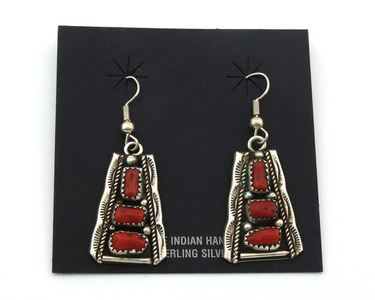 Navajo Dangle Earrings Sterling Silver Handmade Vintage Natural Coral