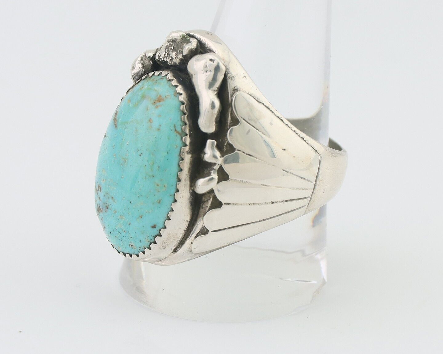 Mens Navajo Ring .925 Silver Natural Blue Turquoise Artist Signed CJ C.80's