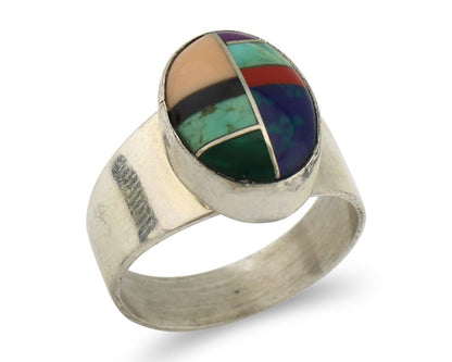 Zuni Inlaid Ring 925 Silver Mixed Natural Gemstones Native American Artist C.80s