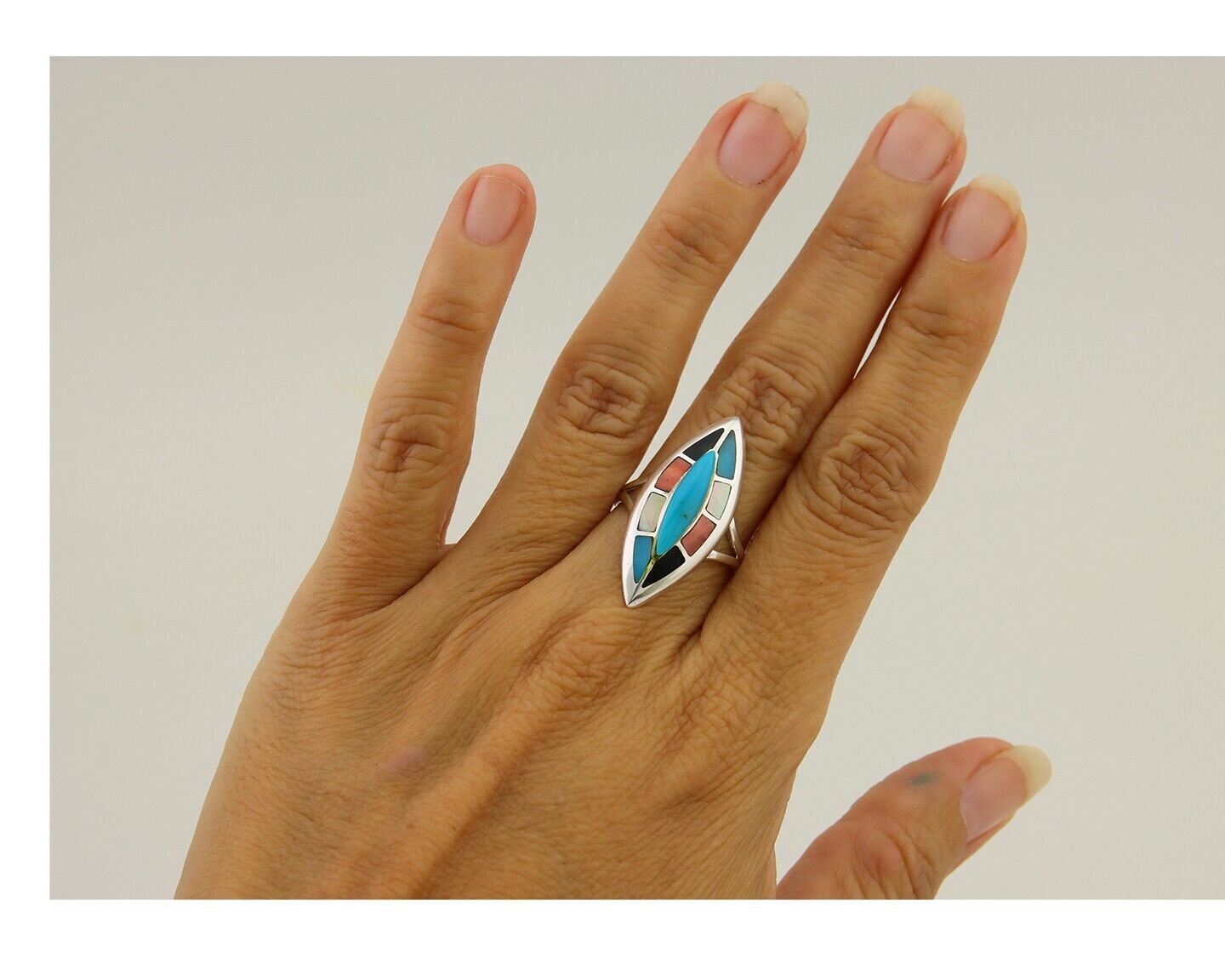 Navajo Ring 925 Silver Turquoise Shell Onyx Spiney Oyster Native Artist C80's