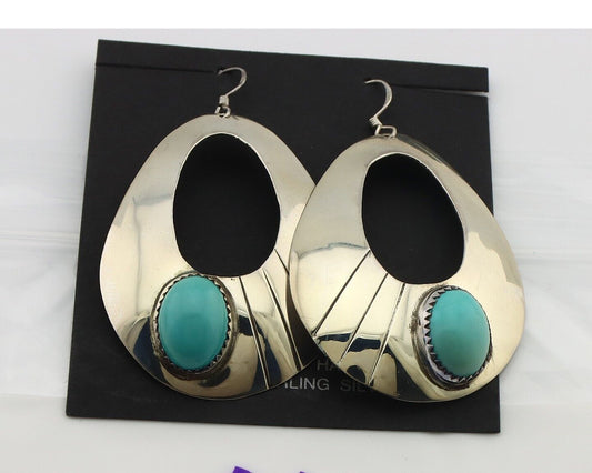 Navajo Dangle Handmade Earrings 925 Silver Blue Turquoise Native Artist C.80's