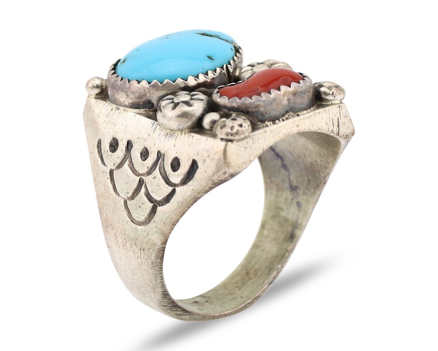 Navajo Ring 925 Silver Sleeping Beauty Turquoise & Coral Native Artist C.80s