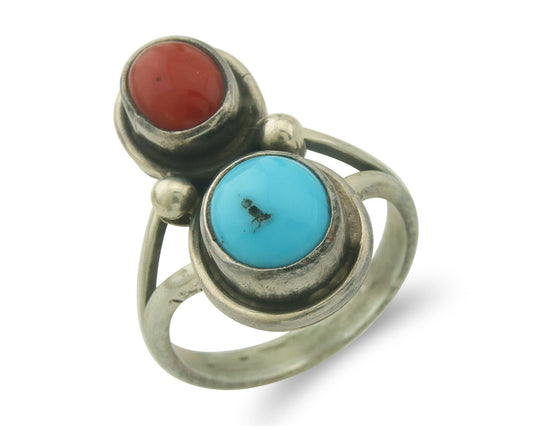 Vintage Navajo Ring 925 Sterling Natural Coral & Turquoise Native Artist Sz 7.0