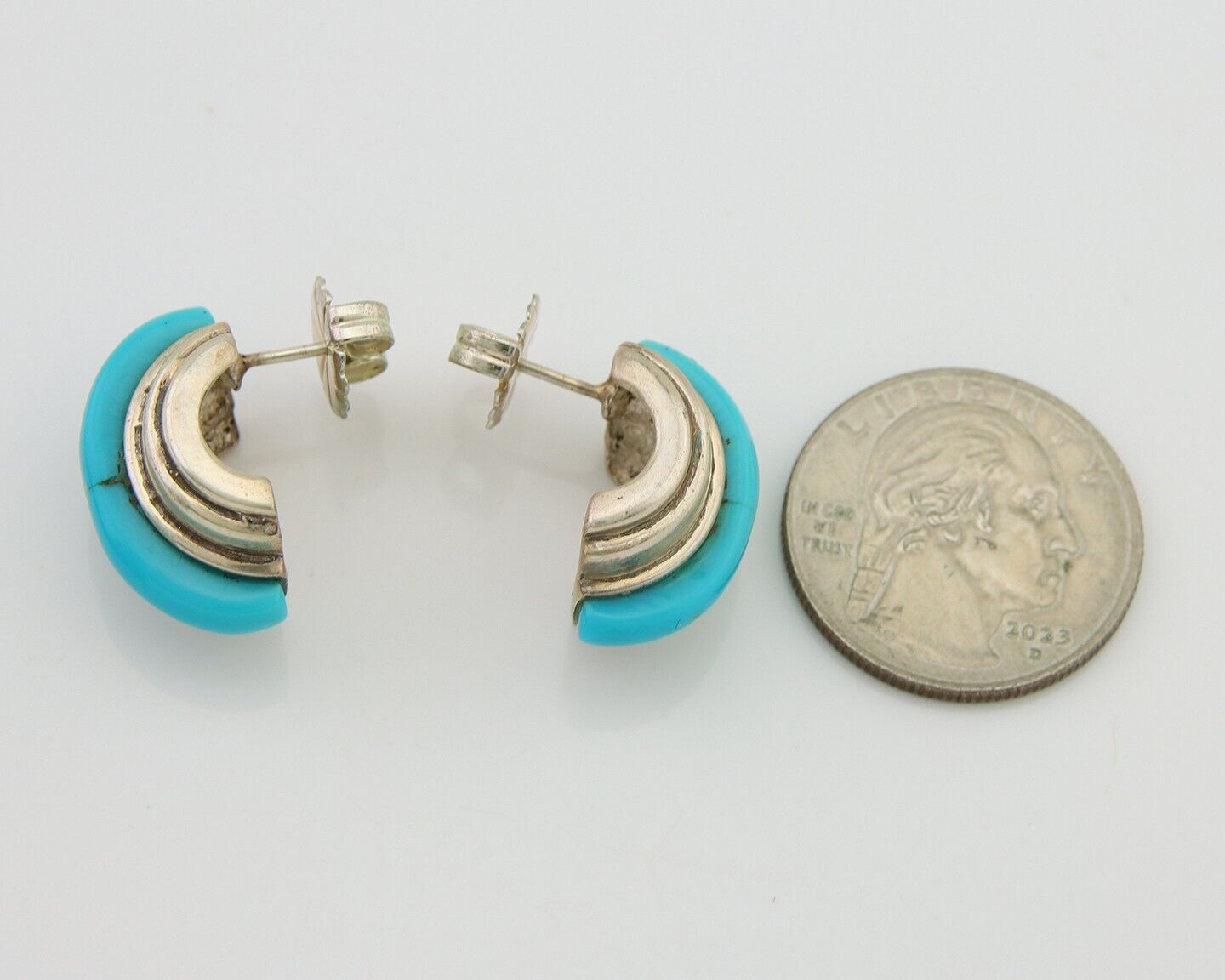 Navajo Half Hoop Earrings 925 Silver Natural Turquoise Artist Signed ShaRay C80s