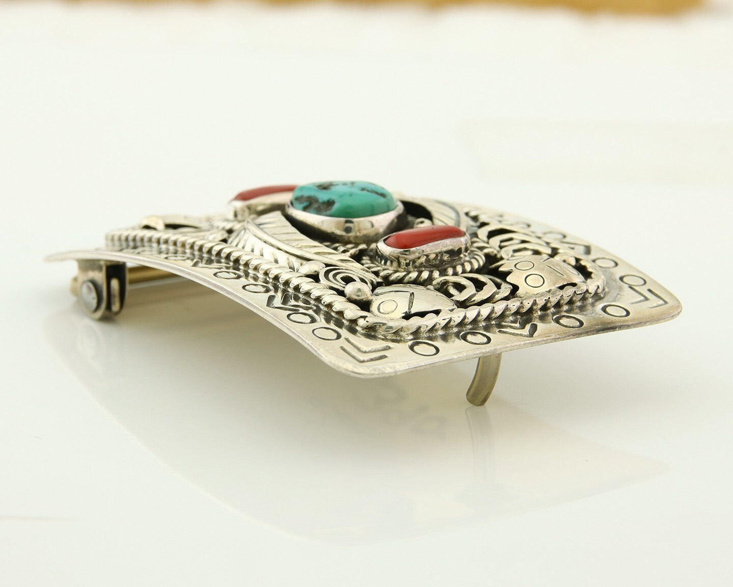 Navajo Belt Buckle 925 Sterling Silver Signed Teepee on Hill 1.9 x 2.9 in C.80's