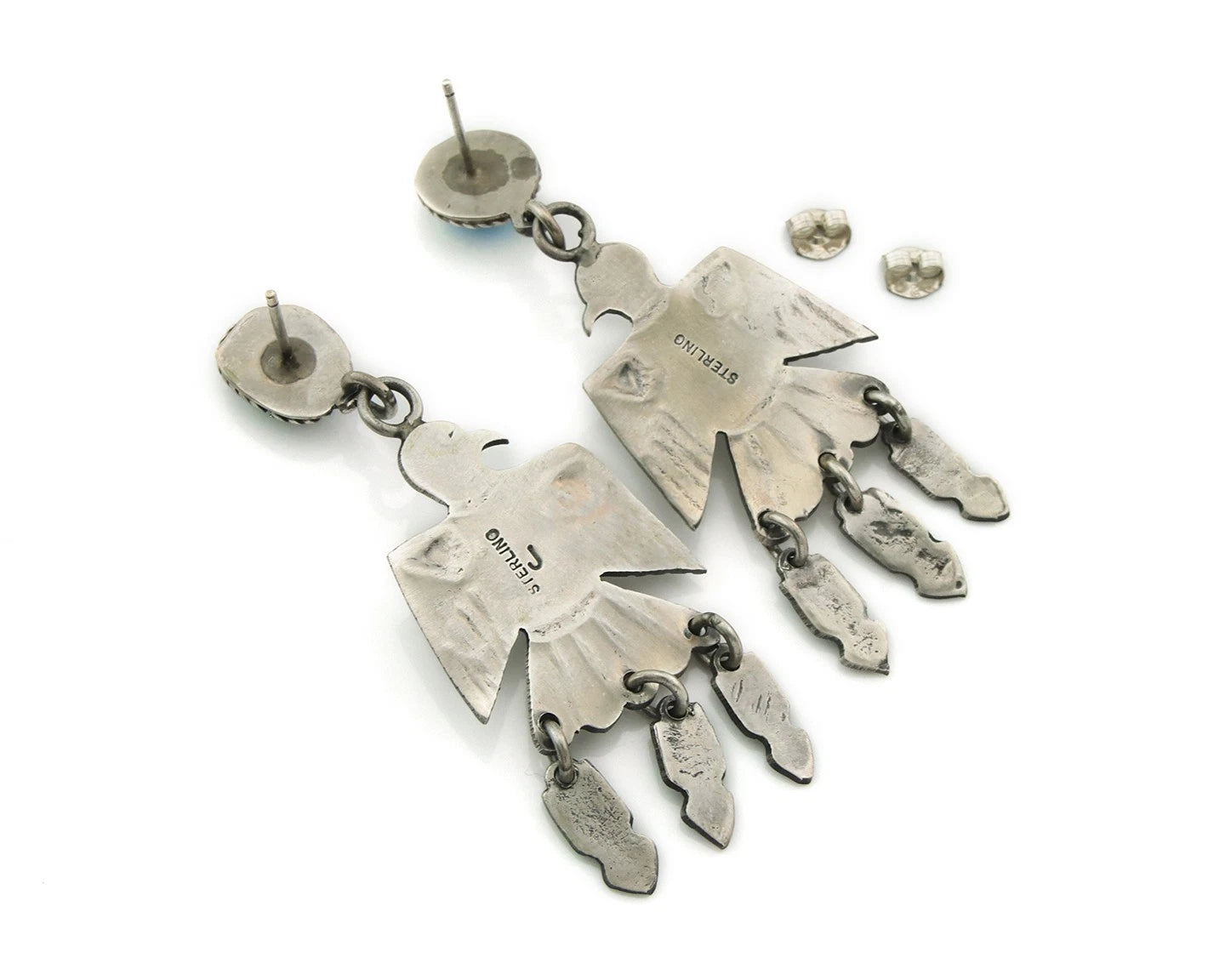 Navajo Bird Earrings Sterling Silver Natural Turquoise Signed J