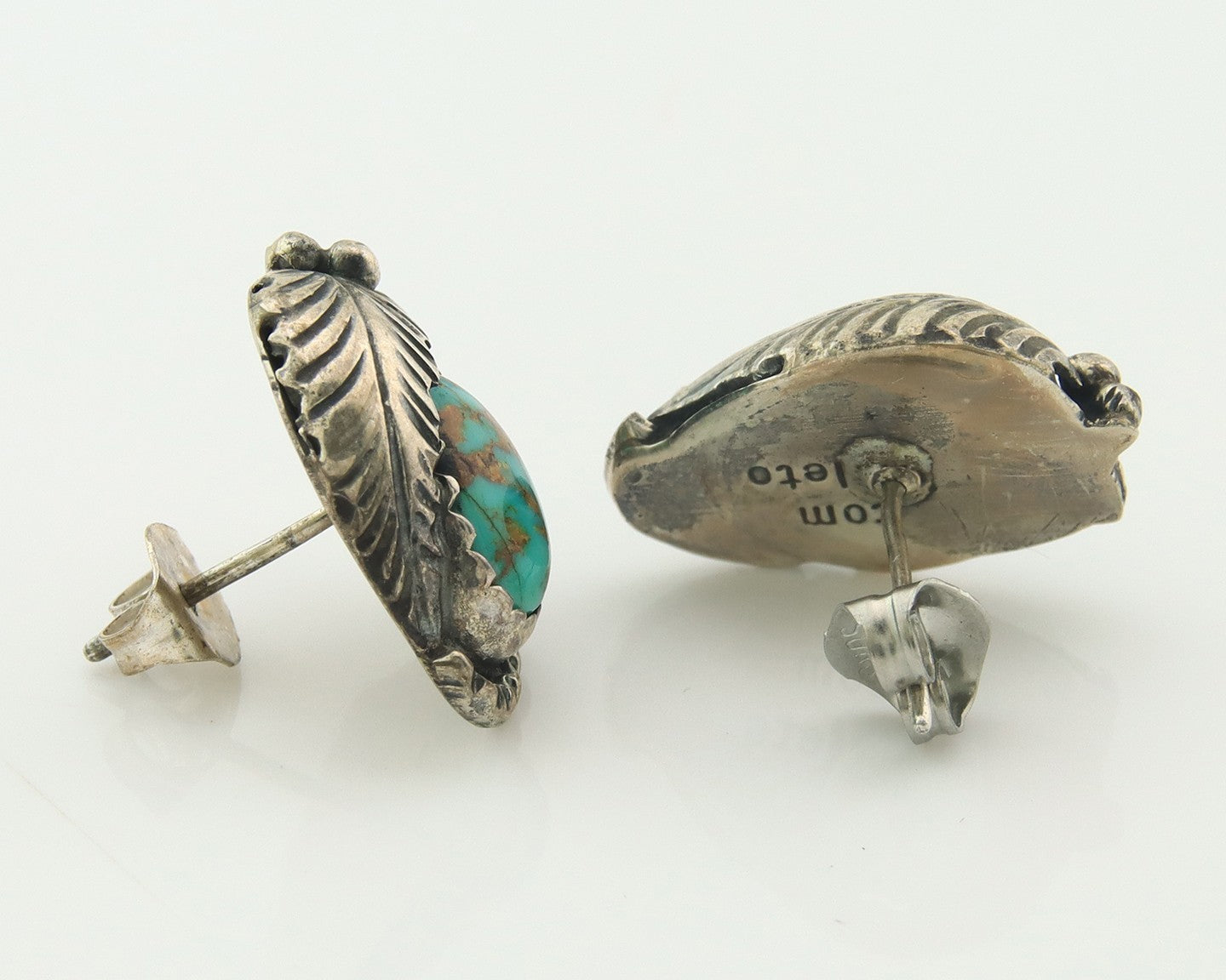 Navajo Earrings Sterling Silver Natural Turquoise Vintage Signed Tom Willeto