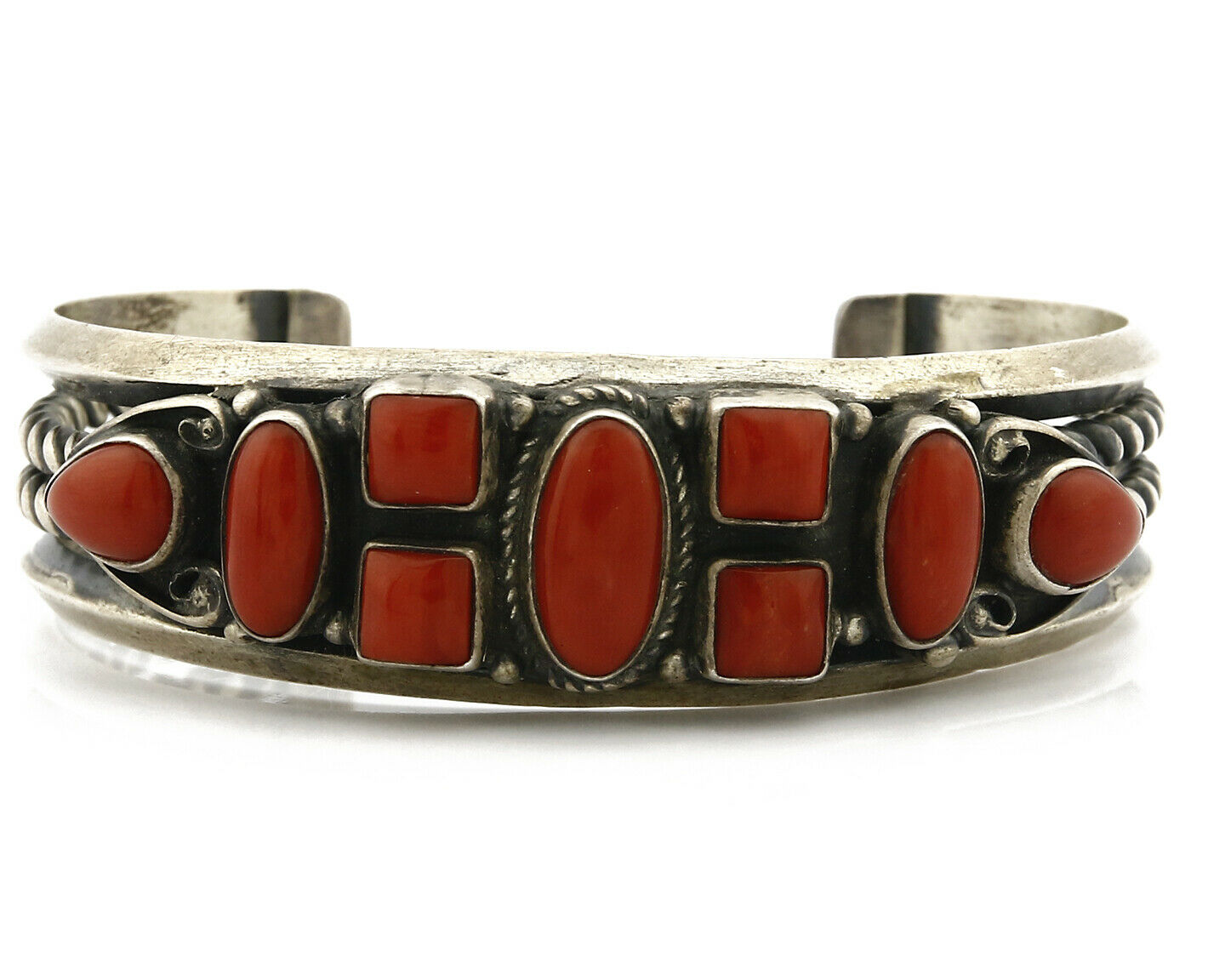 Navajo Bracelet .925 Silver Natural Red Mediterranean Coral Signed S