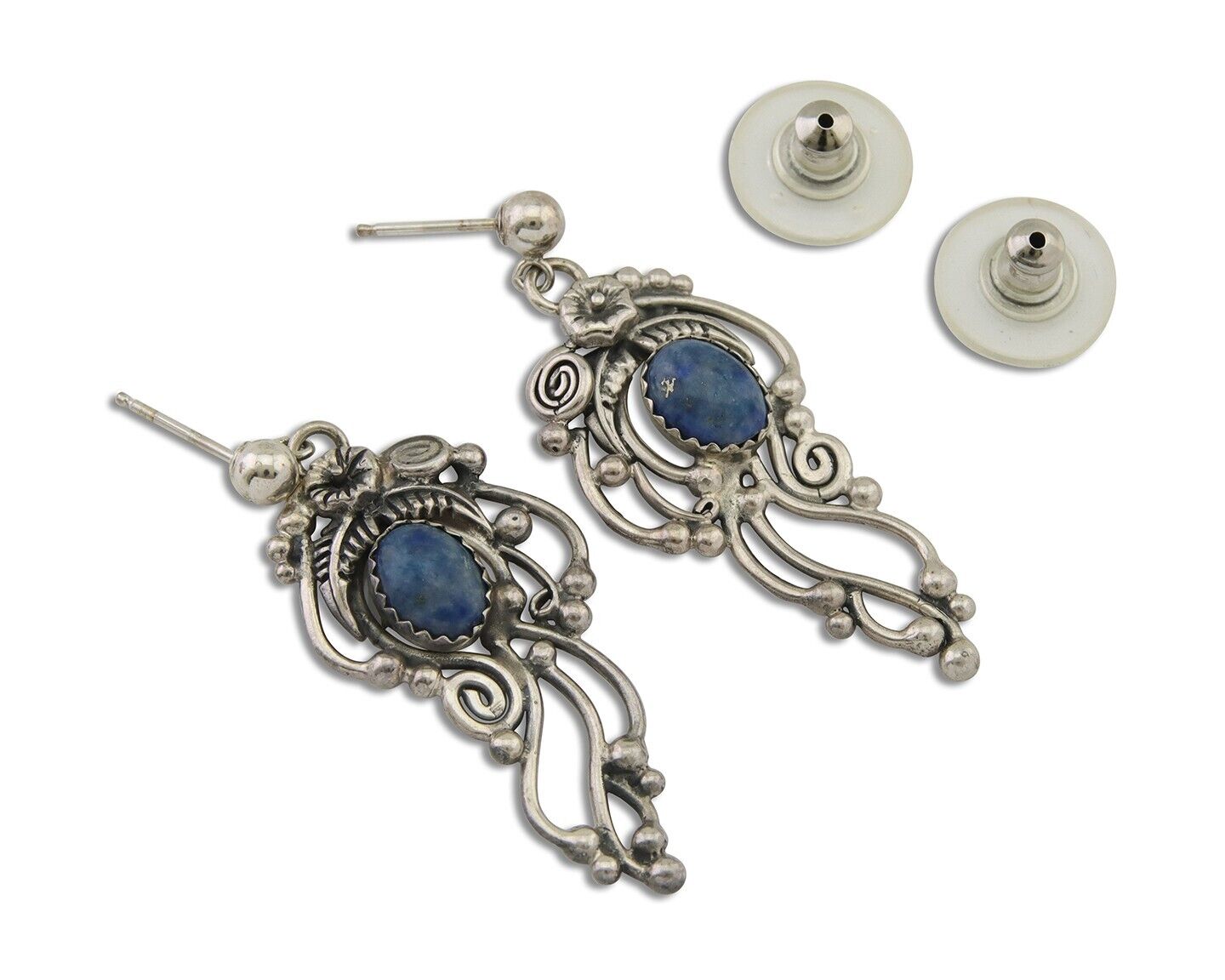 Navajo Dangle Earrings 925 Silver Natural Denim Lapis Native American Artist C80