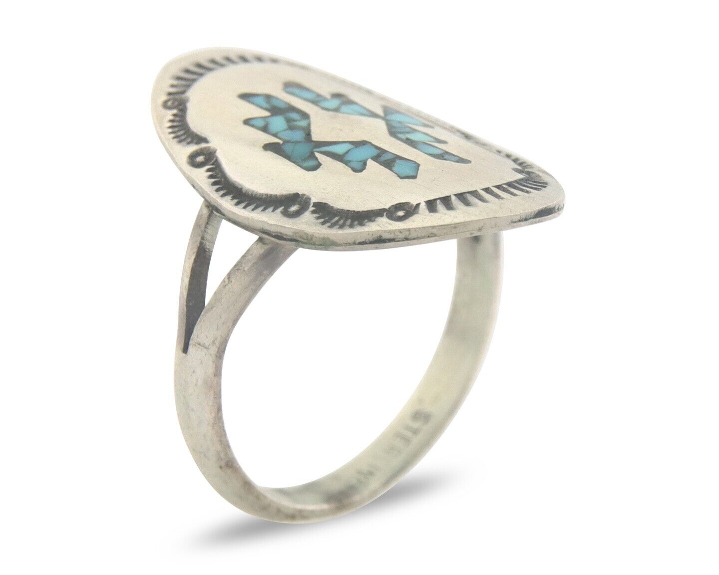 Navajo Ring 925 Sterling Natural Chip Inlay Turquoise C.80's Size 5.75