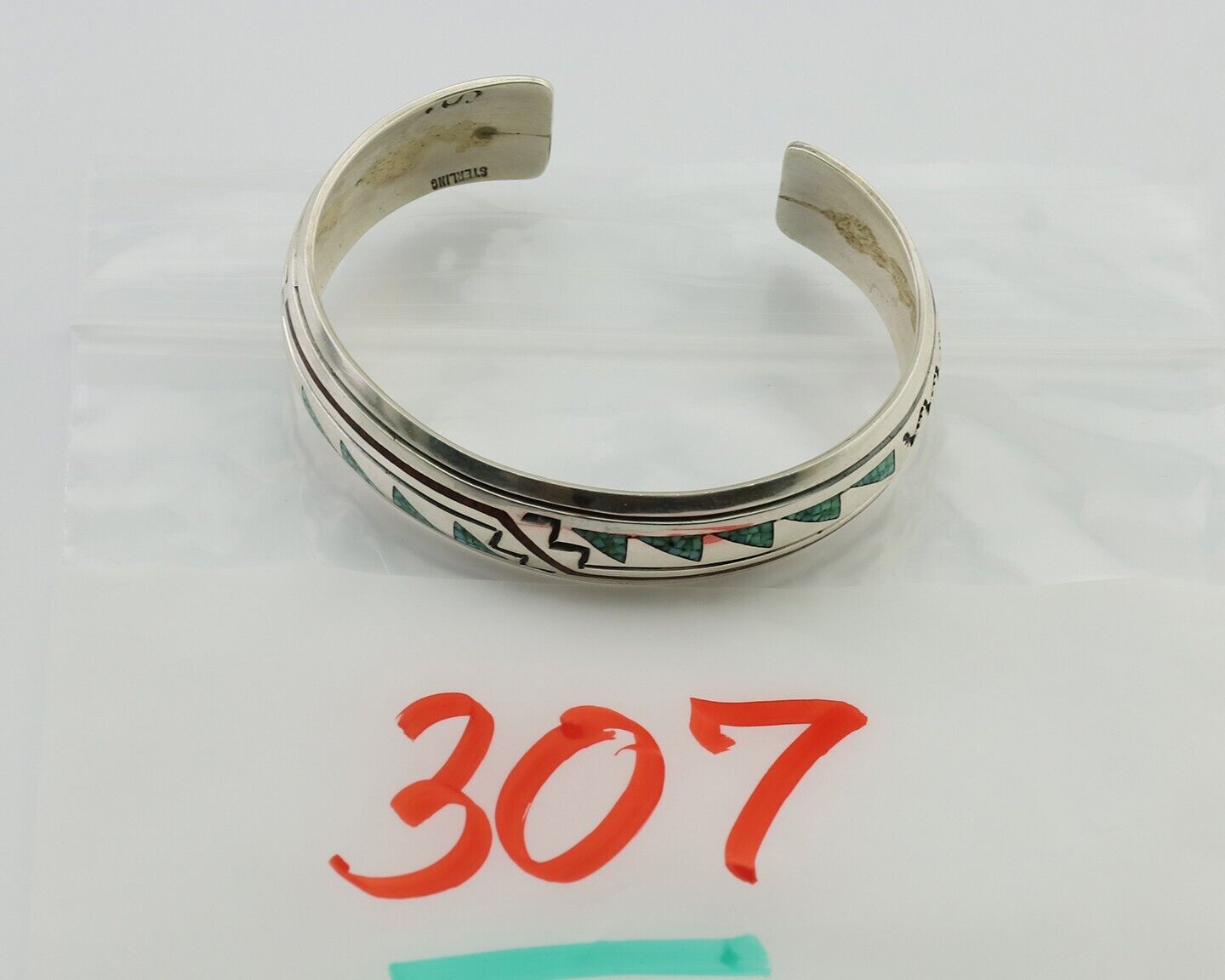 Navajo Inlay Bracelet 925 Silver Turquoise & Coral Signed Stanely Bain C.80's