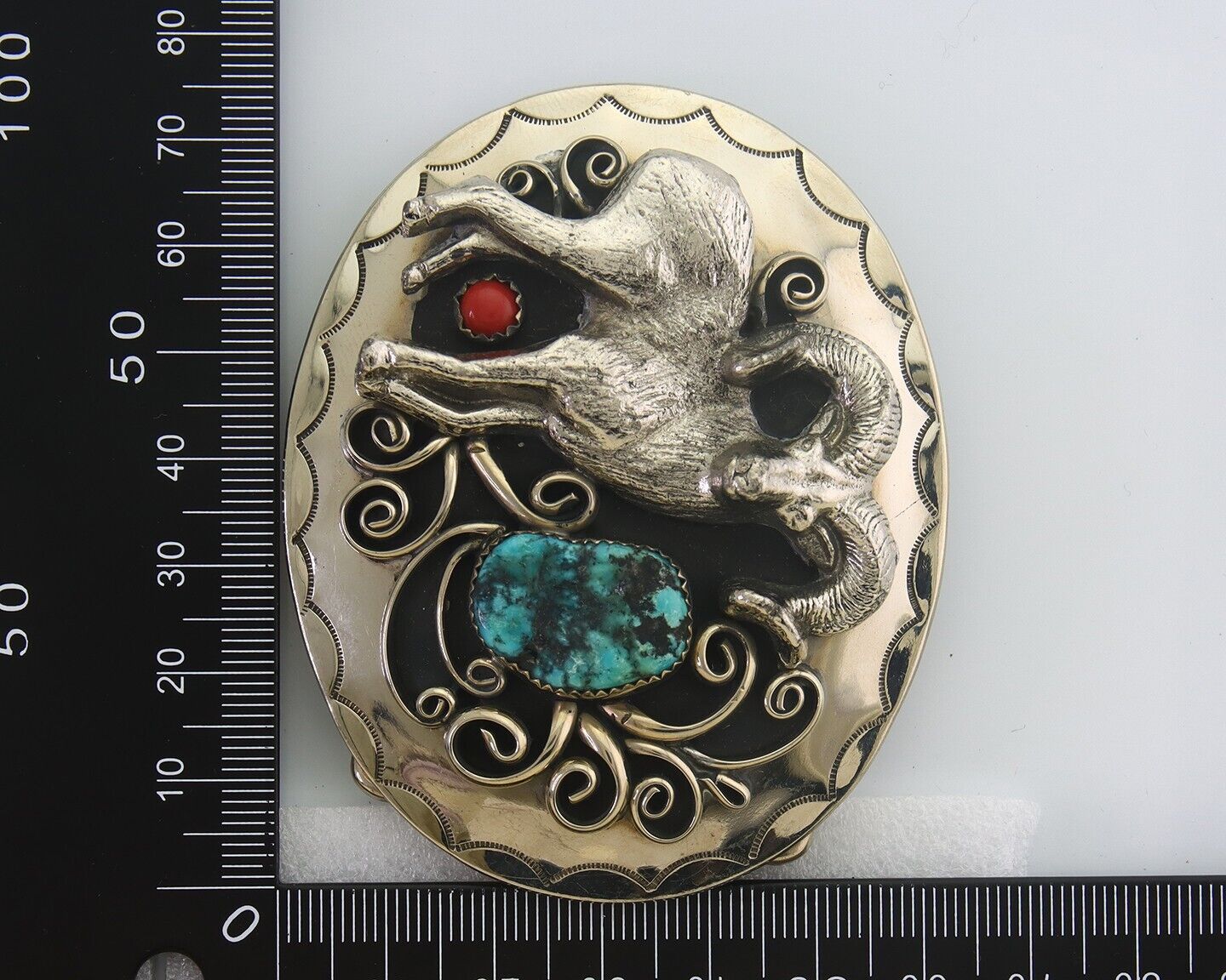 Navajo Belt Buckle .999 Nickel Buffalo Gemstone Signed 2.5 x 3.0 in C.80's