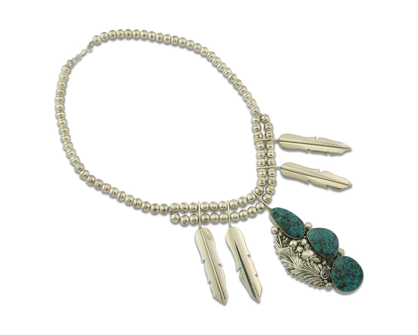 Vintage Navajo Bead Necklace 925 Siilver Turquoise Signed Ben S & LSP