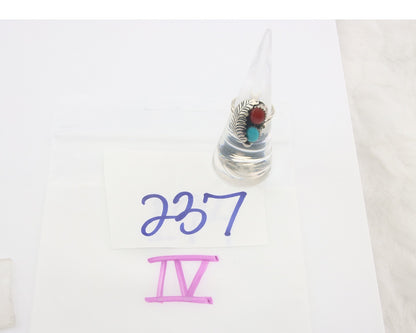 Navajo Ring 925 Sterling Natural Coral & Turquoise Signed BB C.80's Size 5.0