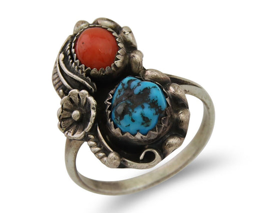 Navajo Ring 925 Silver Turquoise & Coral Artist Signed SC C.80's