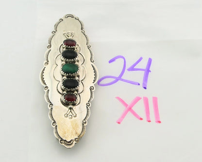 Navajo Barrette Sterling Silver Gemstones Hand Stamped Vintage Signed C/J NEZ