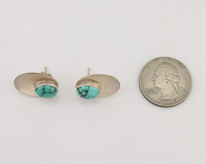 Navajo Shield Earrings 925 Silver Natural Malachite Signed Ella Peters C.80's