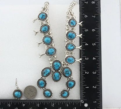Navajo Necklace Earring Set Sterling Silver Vintage Morenci Turquoise Handmade