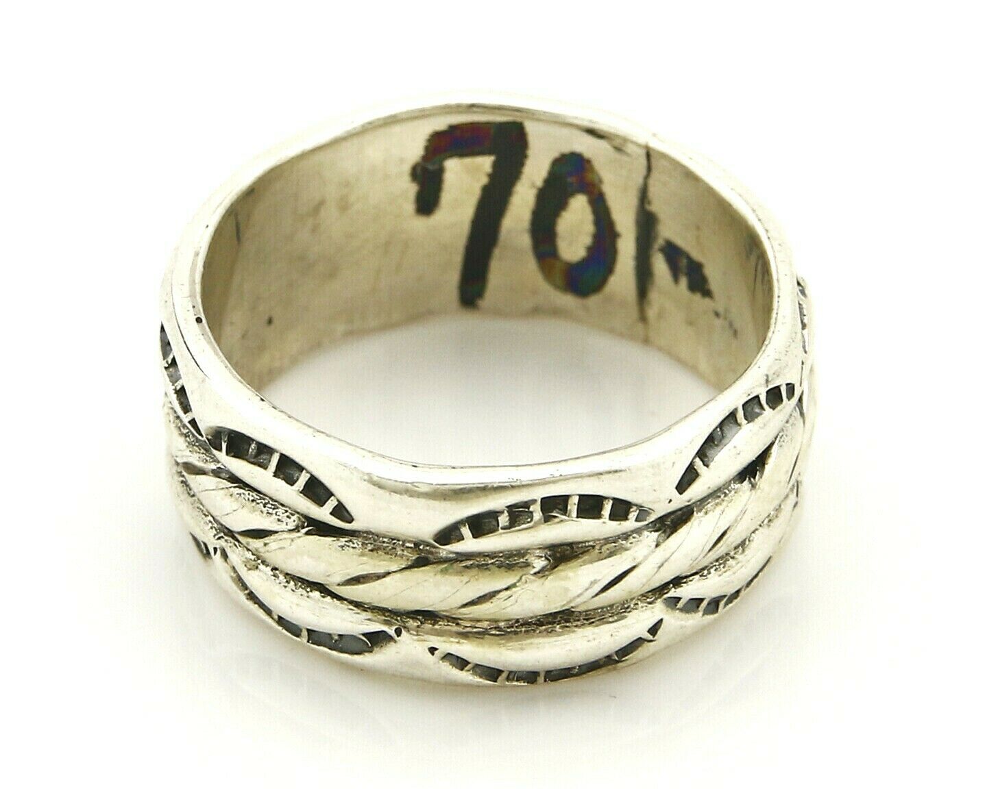 Navajo Ring .925 Silver Handmade Hand Stamped 3 Row Rope Band C.1980's 8.25
